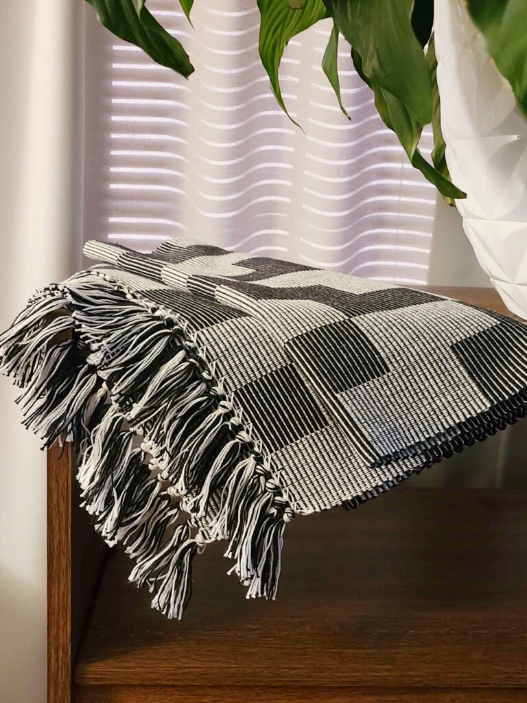 Black and White Geometric Twill Illusion Table Runner with Knotted Fringe
