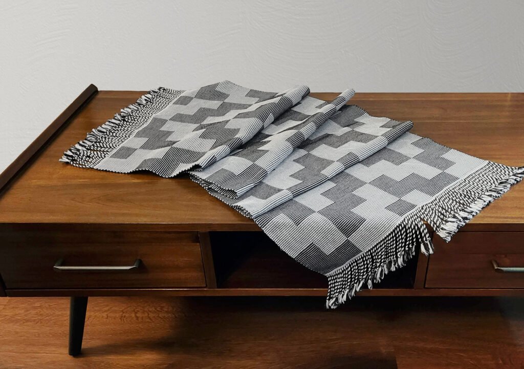 Black and White Geometric Twill Illusion Table Runner with Twisted Fringe