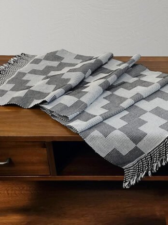 Black and White Geometric Twill Illusion Table Runner with Twisted Fringe