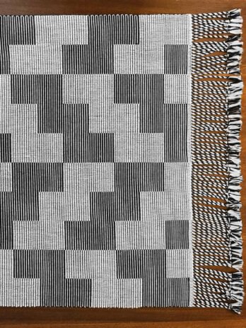 Black and White Geometric Twill Illusion Table Runner with Twisted Fringe